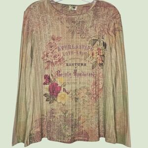 Vtg‎ Y2K 180 Degrees Floral Ribbed Top Rhinestone Graphic Tee Fairycore L Earthy